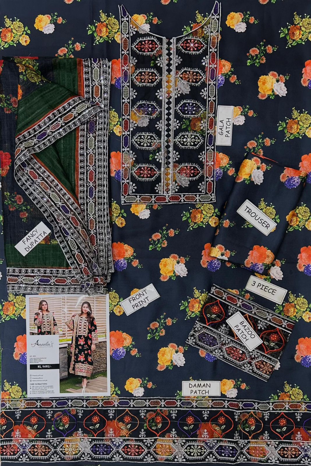 Elegant silk embroidered 3pcs