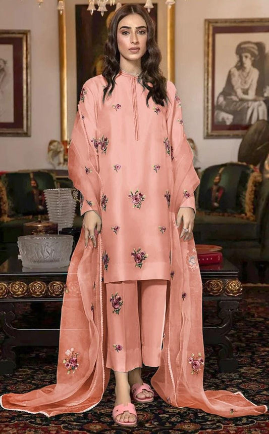 Elegant Embroidered shamooz silk 3PC