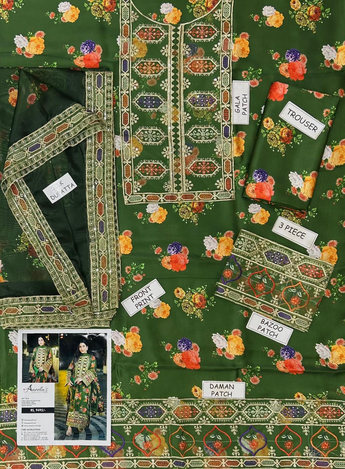 Elegant silk embroidered 3pcs